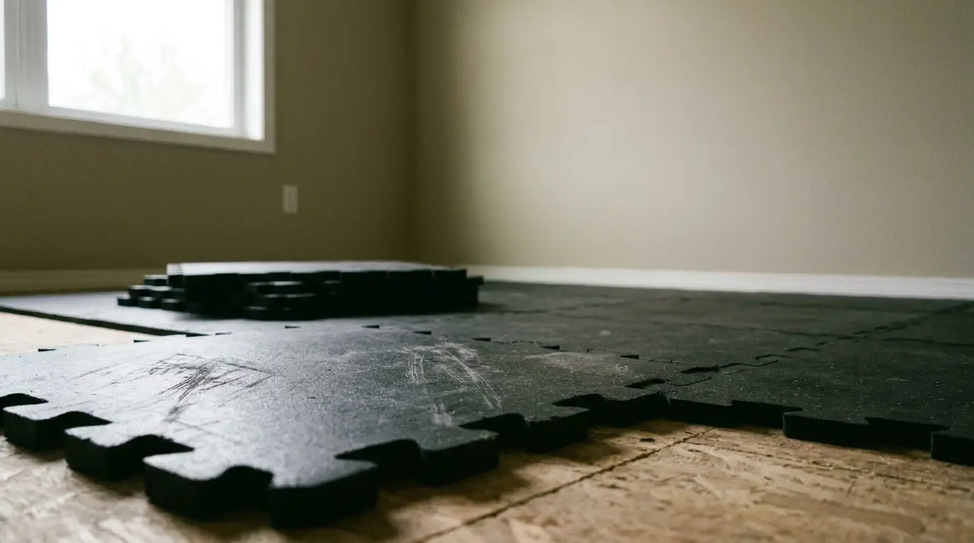 Black interlocking foam tiles partially assembled on wooden floor in an empty room with window light