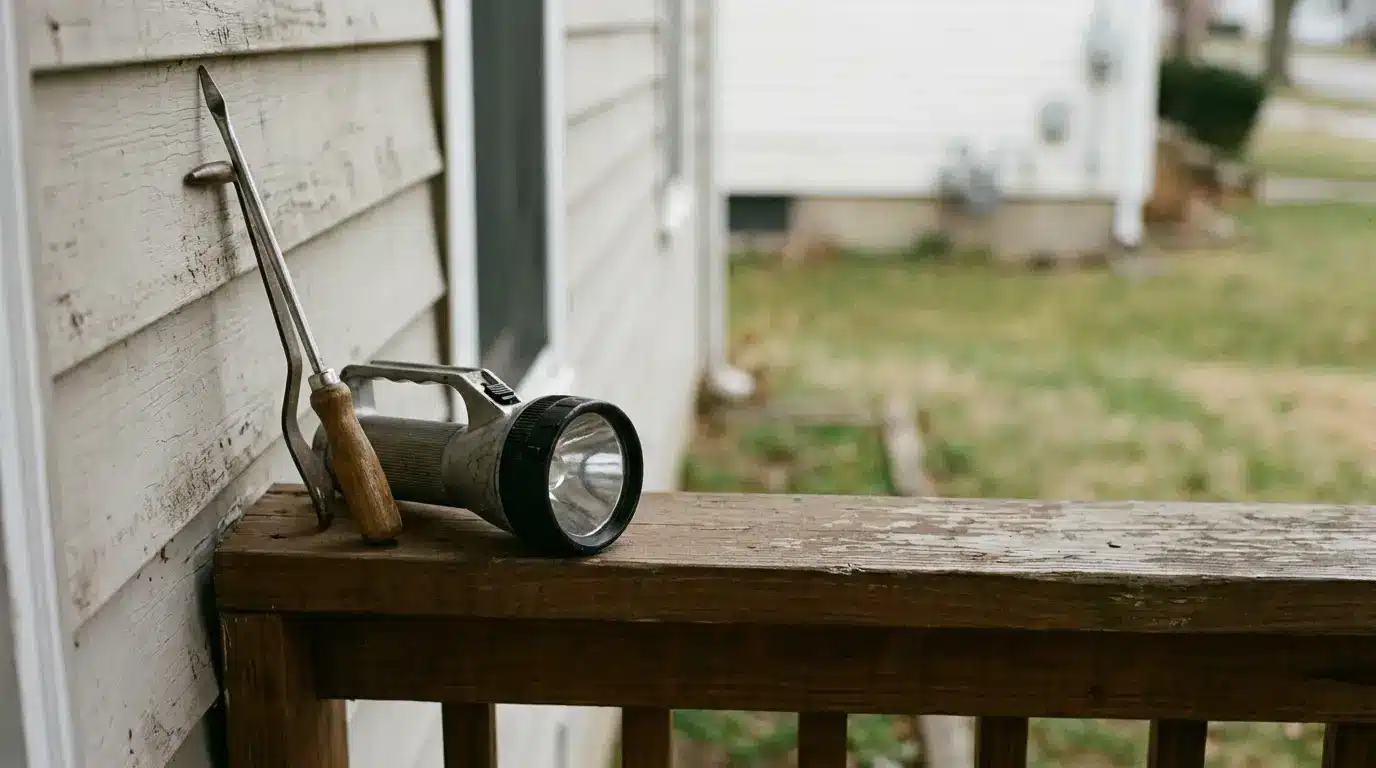 Flashlight and screwdriver resting on wooden railing of outdoor porch