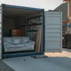 Open shipping container with sofa and dresser inside on construction site