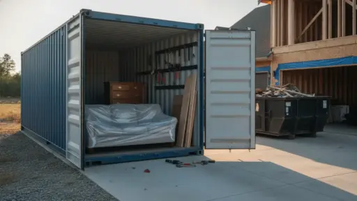 Open shipping container with sofa and dresser inside on construction site