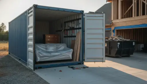 Open shipping container with sofa and dresser inside on construction site