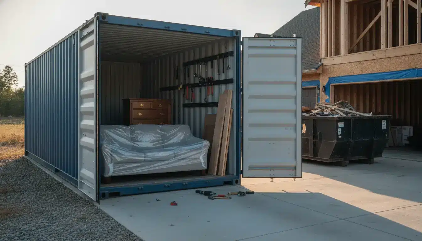 Open shipping container with sofa and dresser inside on construction site