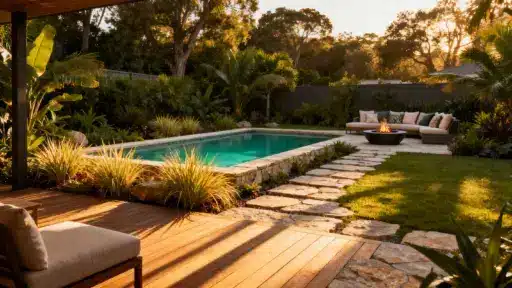 Poolside patio with outdoor seating and fire pit surrounded by lush greenery and sunset lighting
