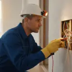 Electrician in blue uniform working on wiring in a residential living room