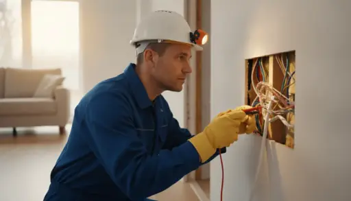 Electrician in blue uniform working on wiring in a residential living room