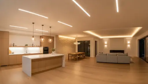 Modern open-plan kitchen and living area with wooden floors, pendant lighting, and minimalist furniture