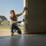 Man wearing gloves and safety goggles adjusting garage door with mallet in residential garage