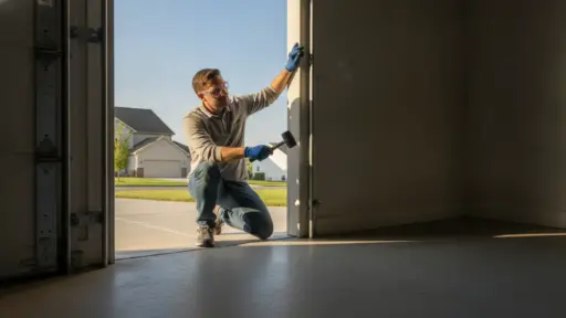Man wearing gloves and safety goggles adjusting garage door with mallet in residential garage