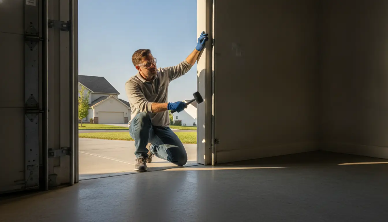 Man wearing gloves and safety goggles adjusting garage door with mallet in residential garage