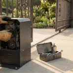 Person repairing gate motor with tools on a sunny driveway