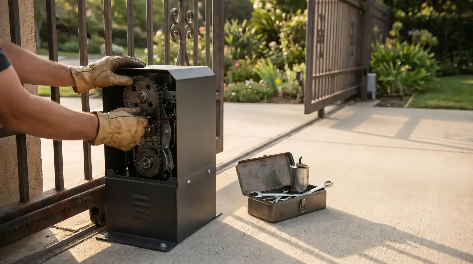 Person repairing gate motor with tools on a sunny driveway