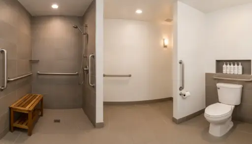 Accessible bathroom with tiled shower, wooden bench, and grab bars under bright lighting