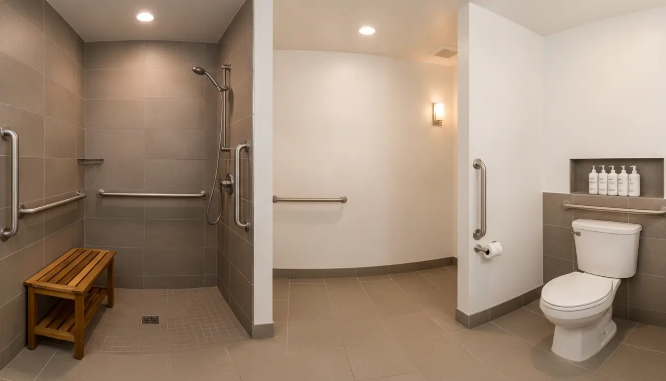 Accessible bathroom with tiled shower, wooden bench, and grab bars under bright lighting