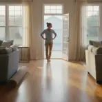 Person standing in sunlit living room with blue sofas and open patio door