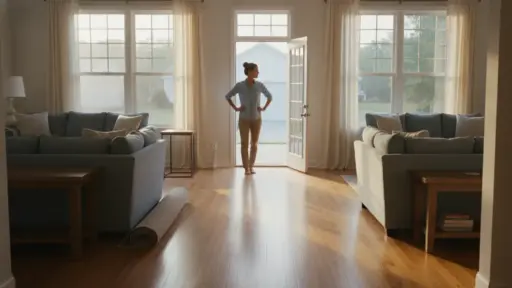 Person standing in sunlit living room with blue sofas and open patio door