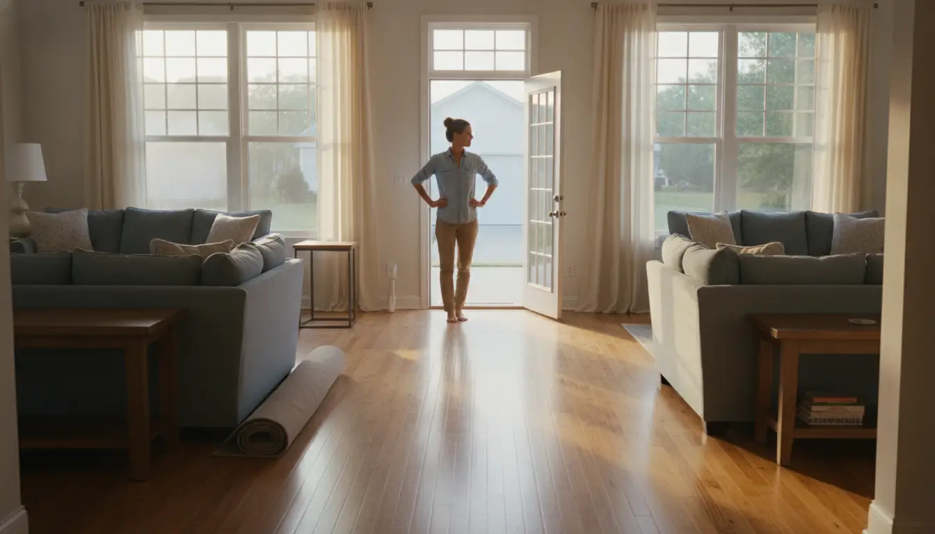 Person standing in sunlit living room with blue sofas and open patio door