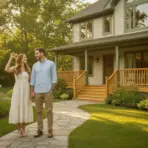 Couple holding hands on stone path in front of house surrounded by garden in warm sunlight