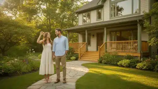 Couple holding hands on stone path in front of house surrounded by garden in warm sunlight