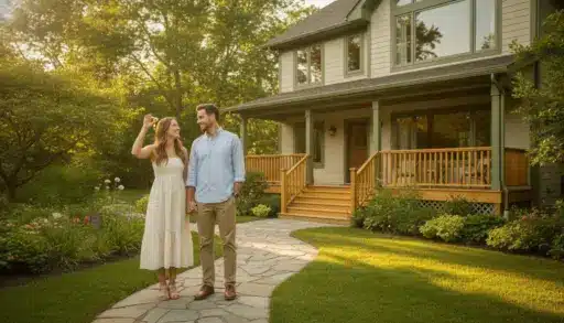 Couple holding hands on stone path in front of house surrounded by garden in warm sunlight