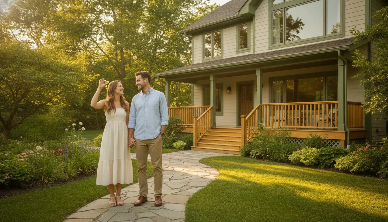 Couple holding hands on stone path in front of house surrounded by garden in warm sunlight