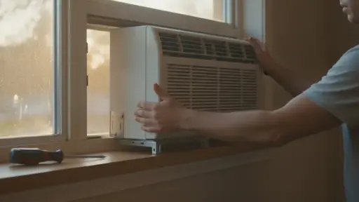 Window air conditioner being installed by person in casual attire with screwdriver nearby