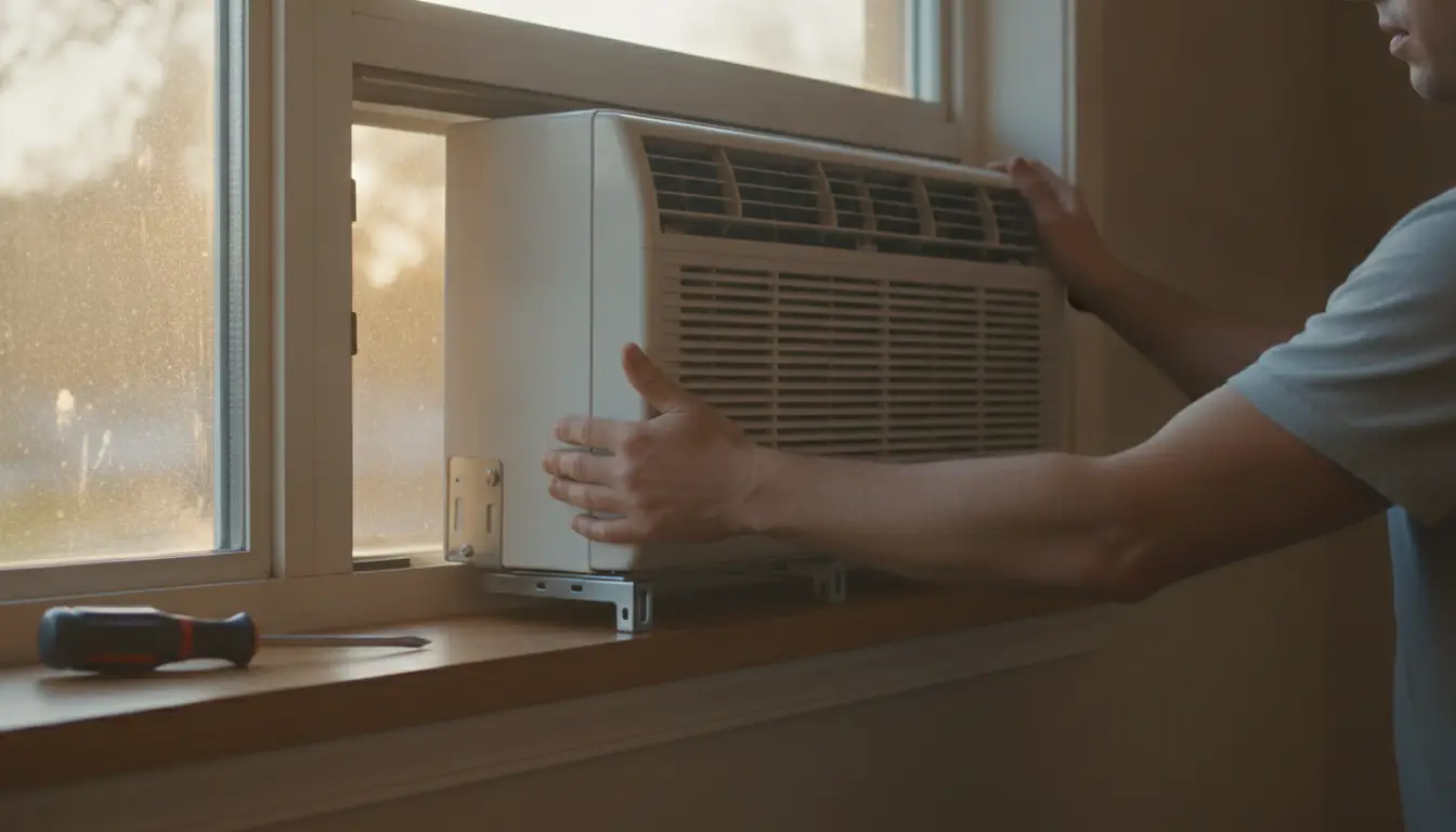 Window air conditioner being installed by person in casual attire with screwdriver nearby