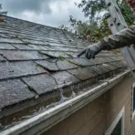 Person inspecting wet roof shingles and clogged gutter during rainy day