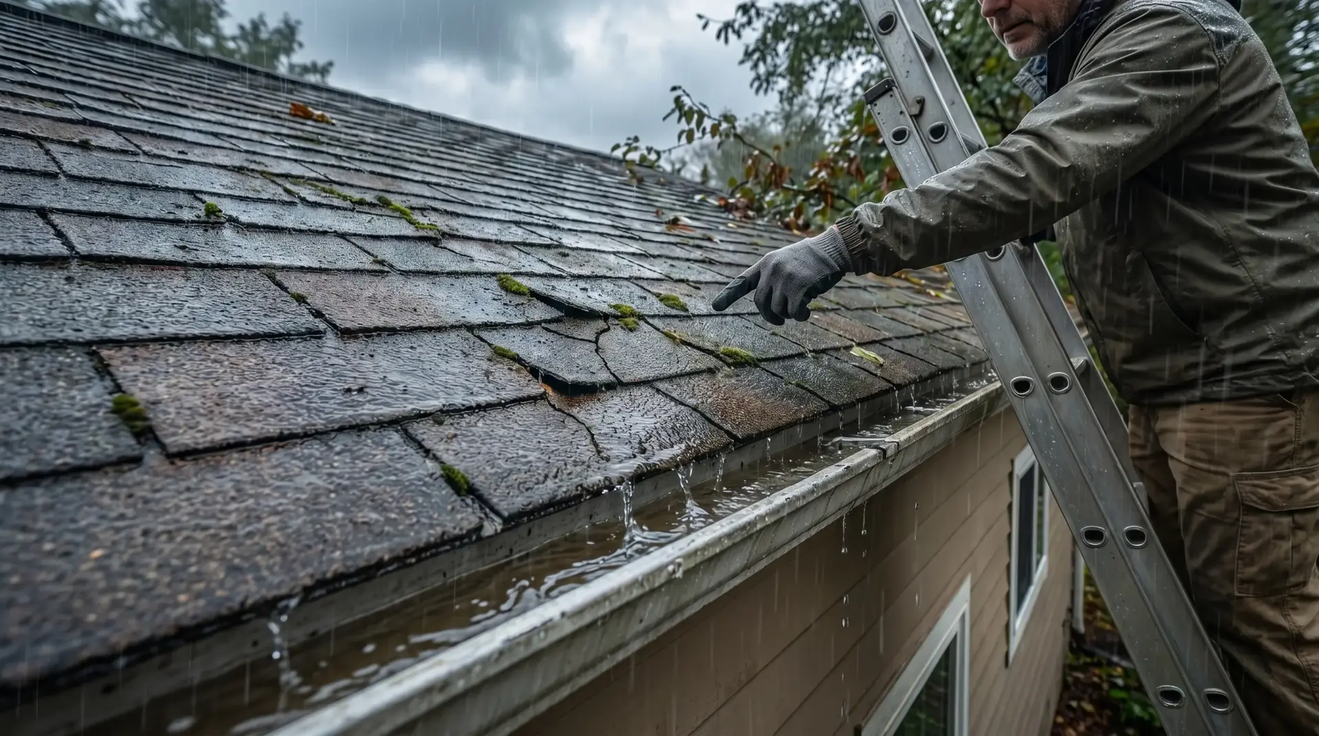 Person inspecting wet roof shingles and clogged gutter during rainy day