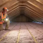 Construction worker inspecting attic insulation with flashlight in dimly lit space