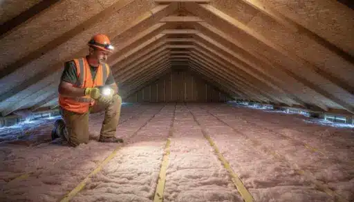 Construction worker inspecting attic insulation with flashlight in dimly lit space