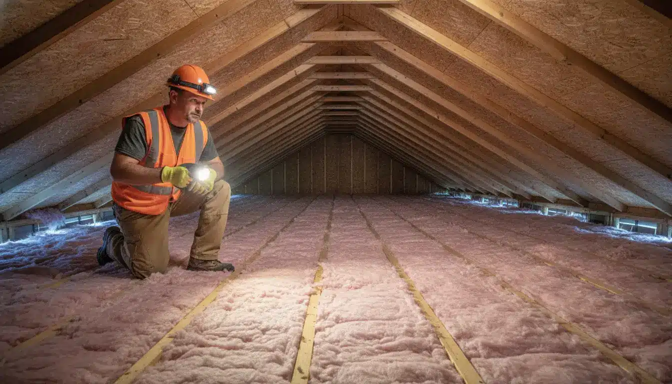 Construction worker inspecting attic insulation with flashlight in dimly lit space