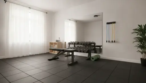 Home gym with dumbbells, bench, and exercise bands in minimalistic room with large mirror