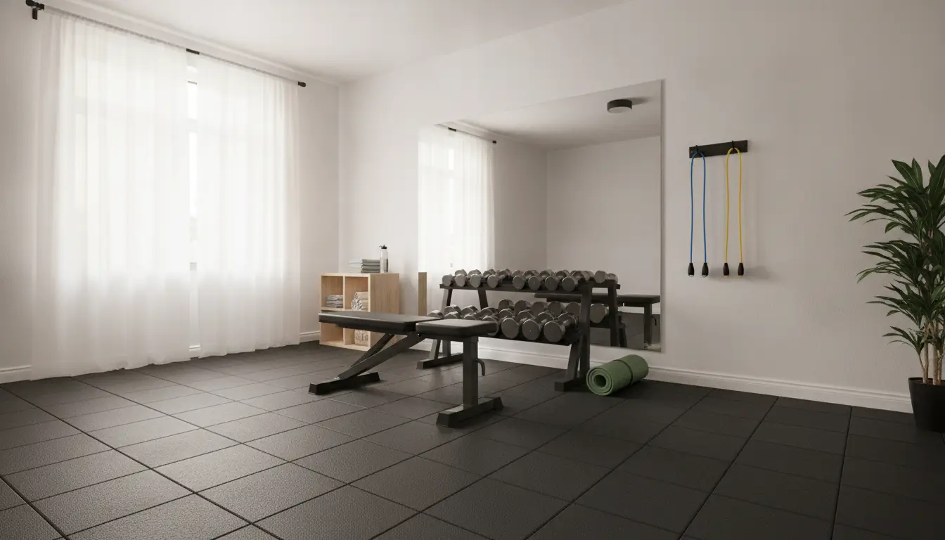 Home gym with dumbbells, bench, and exercise bands in minimalistic room with large mirror