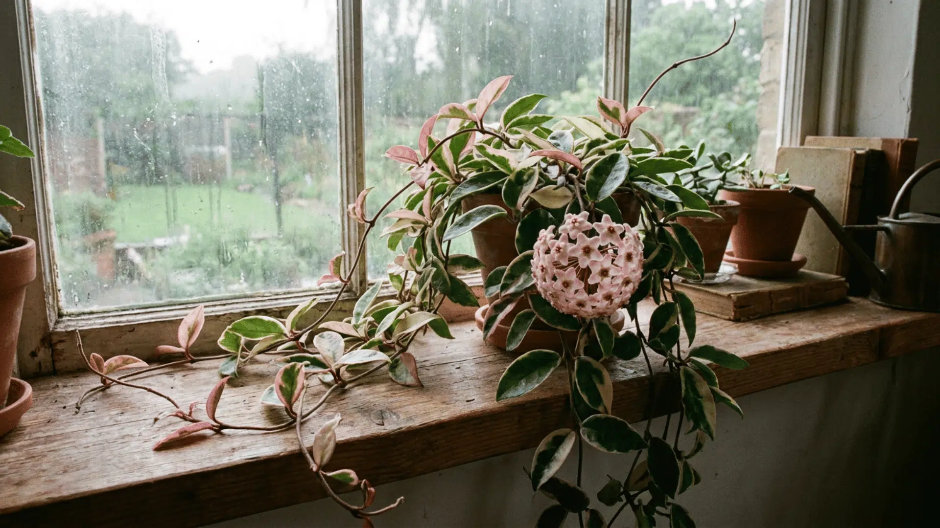 hoya carnosa tricolor with star shaped blooms on a windowsill