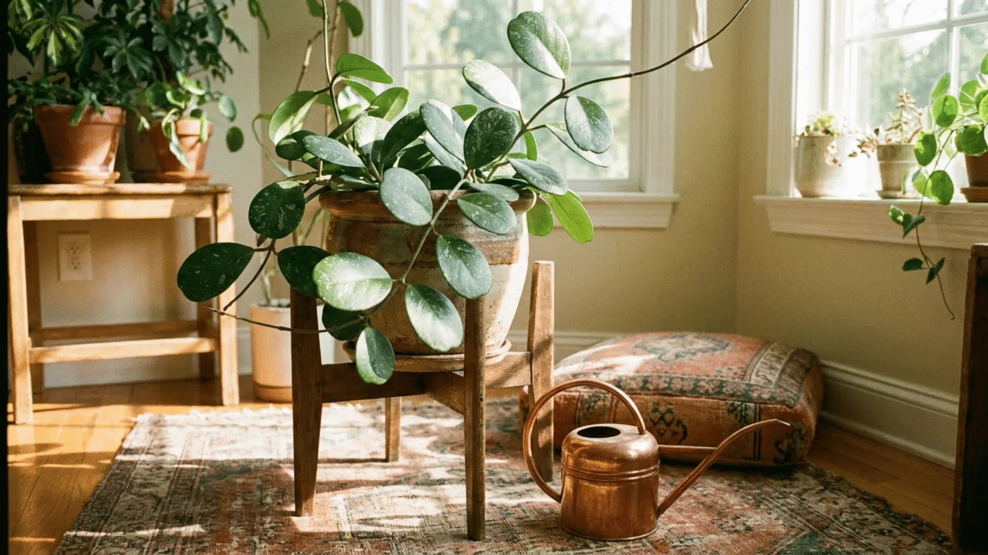 hoya obovata with silver flecked round leaves on a plant stand