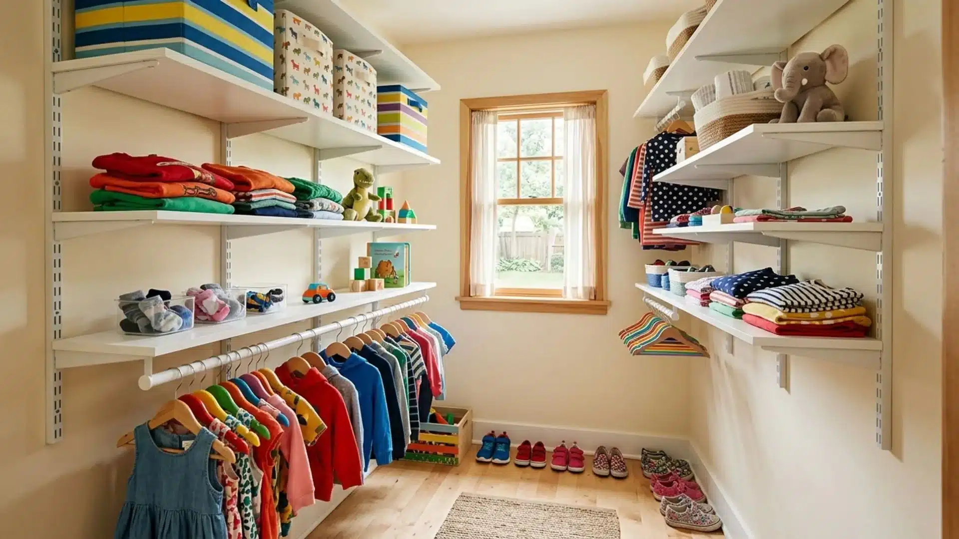 kids walk-in closet with white adjustable shelves, colorful hanging outfits, folded clothes, bins and shoes on the floor