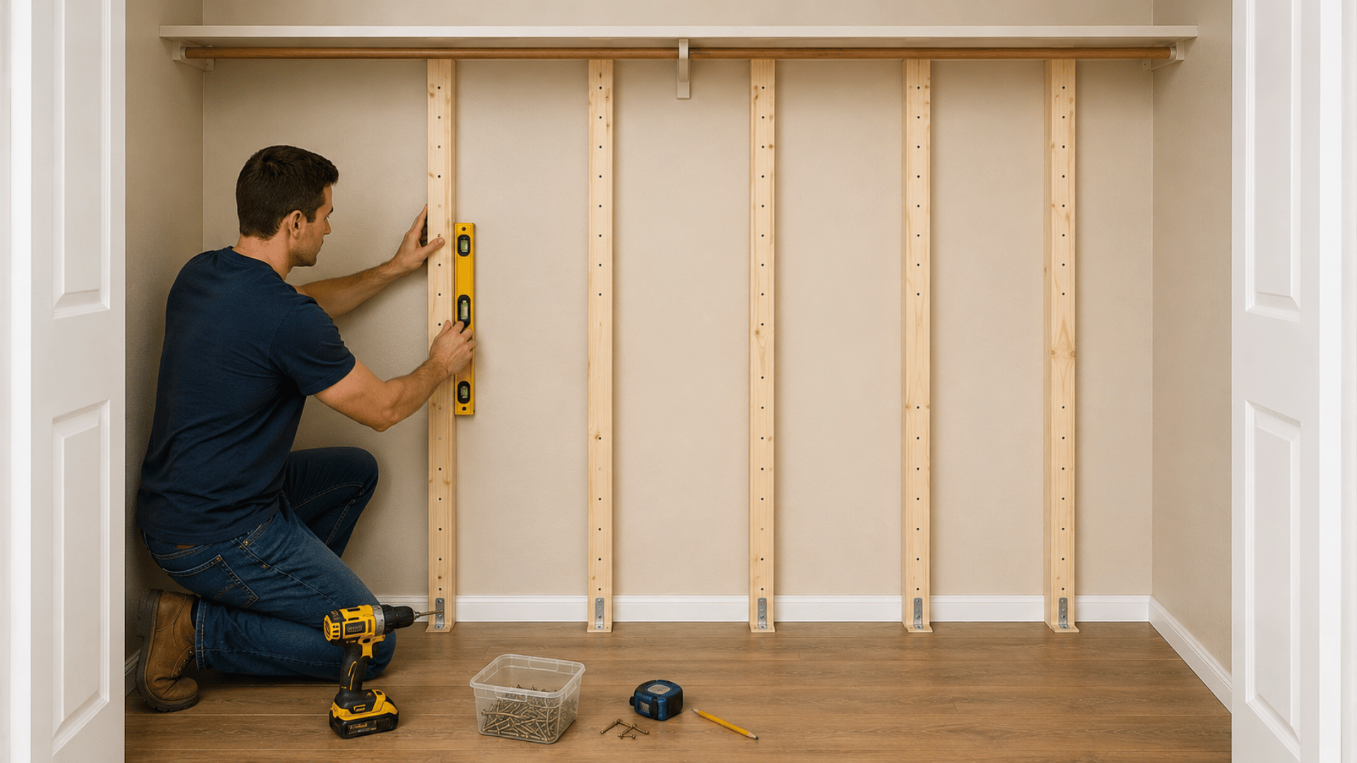 installing vertical wooden supports inside closet while checking alignment with a level tool