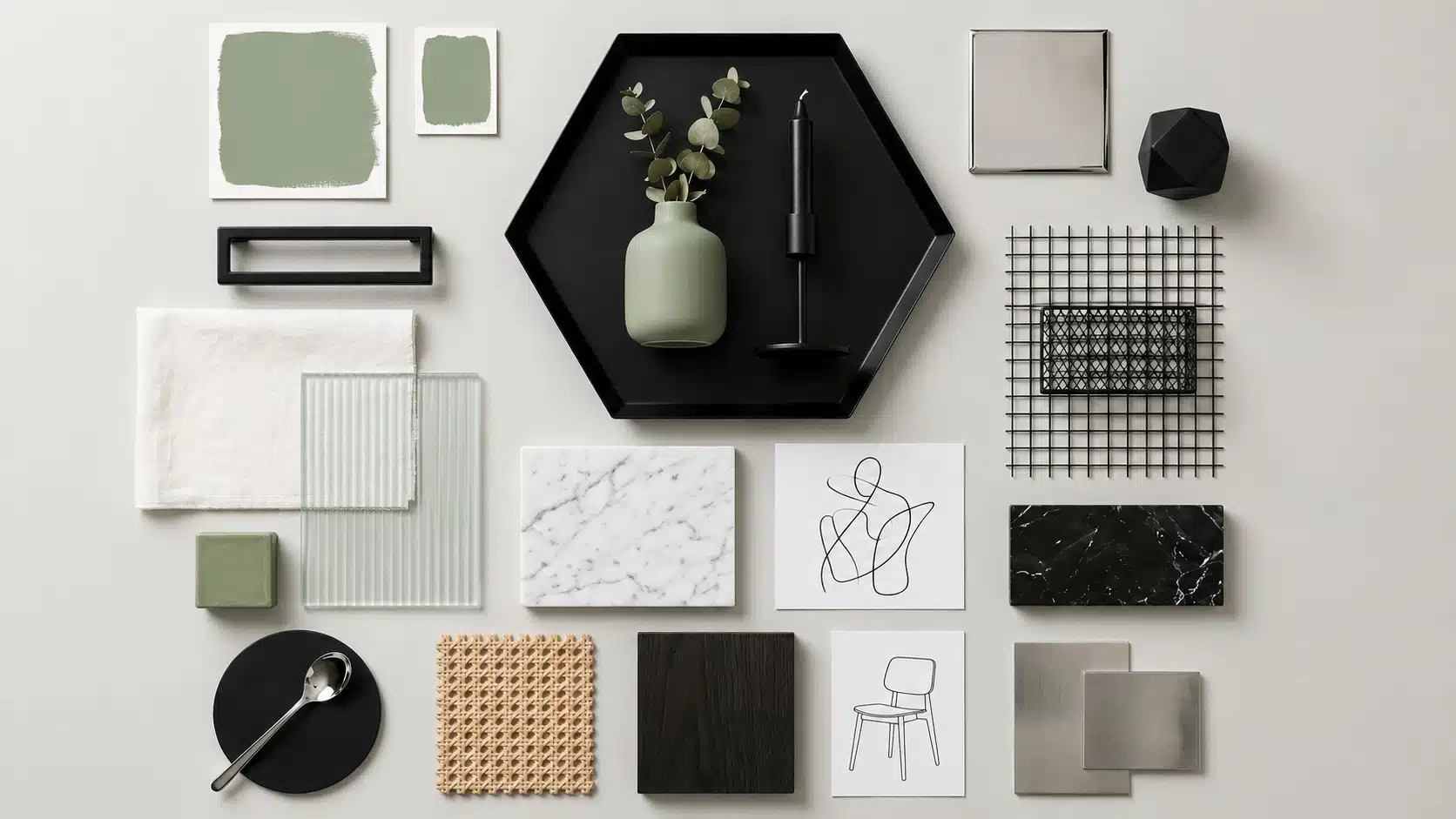 Interior design mood board displaying sage green paint swatches, black accents, white marble, cane webbing, black wood, and brushed metal samples on a light gray background
