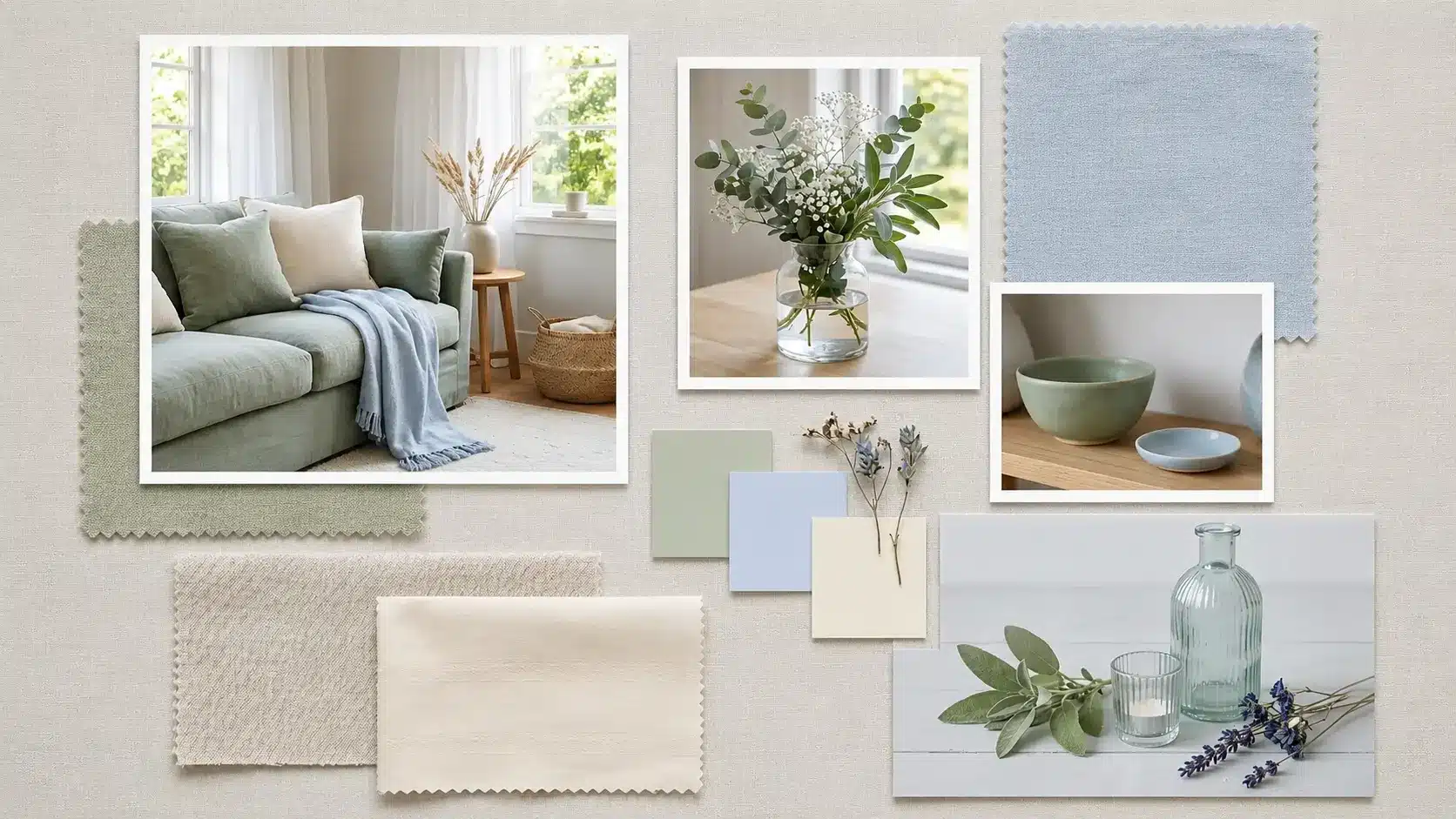 Interior design mood board featuring a soft green sofa, eucalyptus, ceramic bowls, and fabric swatches in sage, pale blue, and cream tones