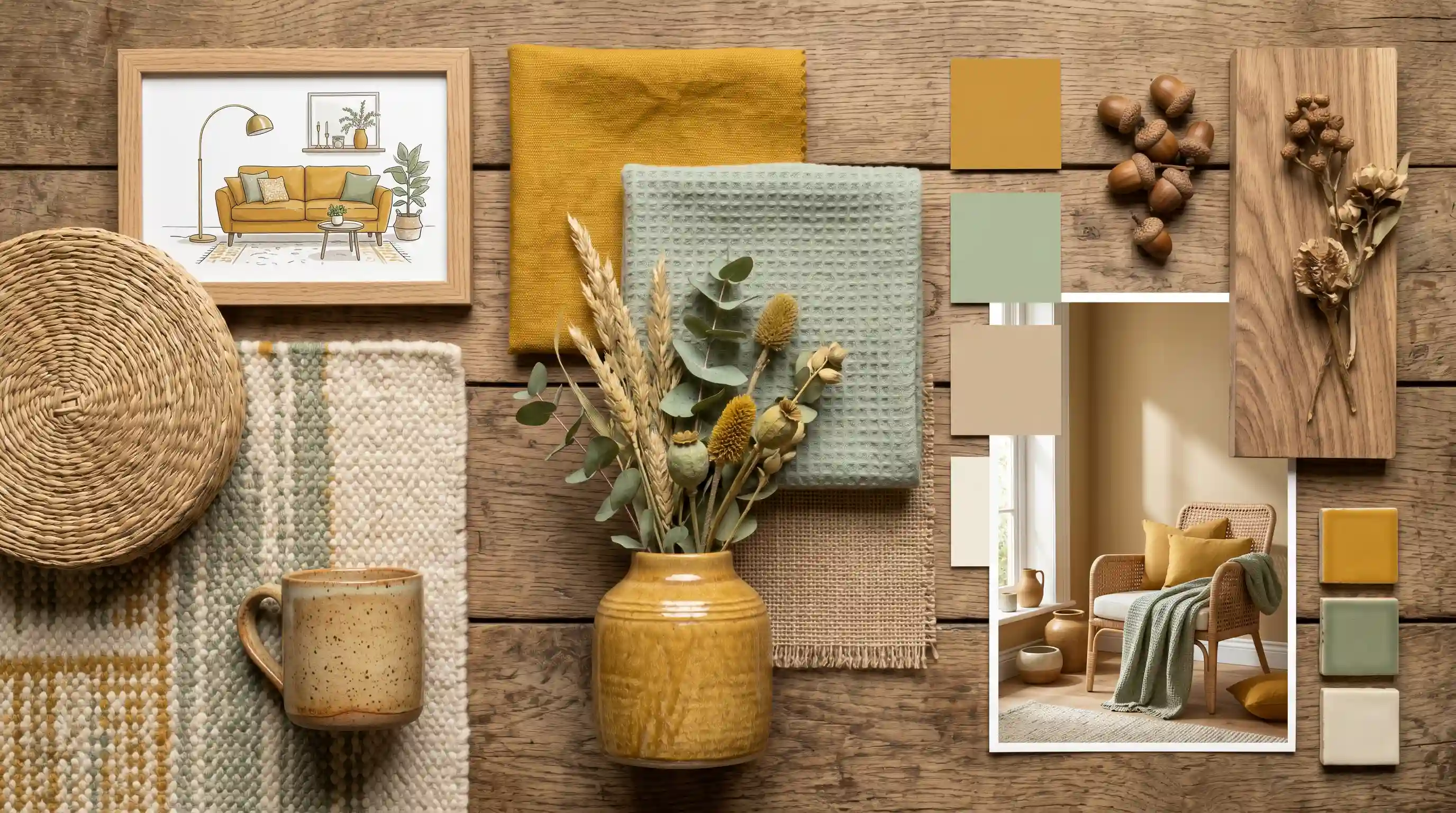 Interior design mood board featuring natural textures, dried botanicals, a yellow ceramic vase, and color swatches in mustard yellow, sage green, and beige tones