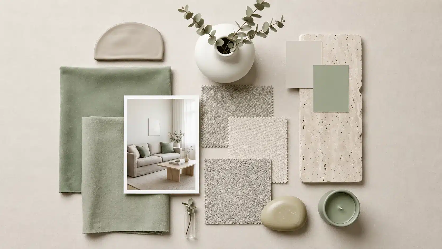 Interior design mood board featuring sage green fabrics, neutral textured swatches, beige travertine, and an image of a modern living room