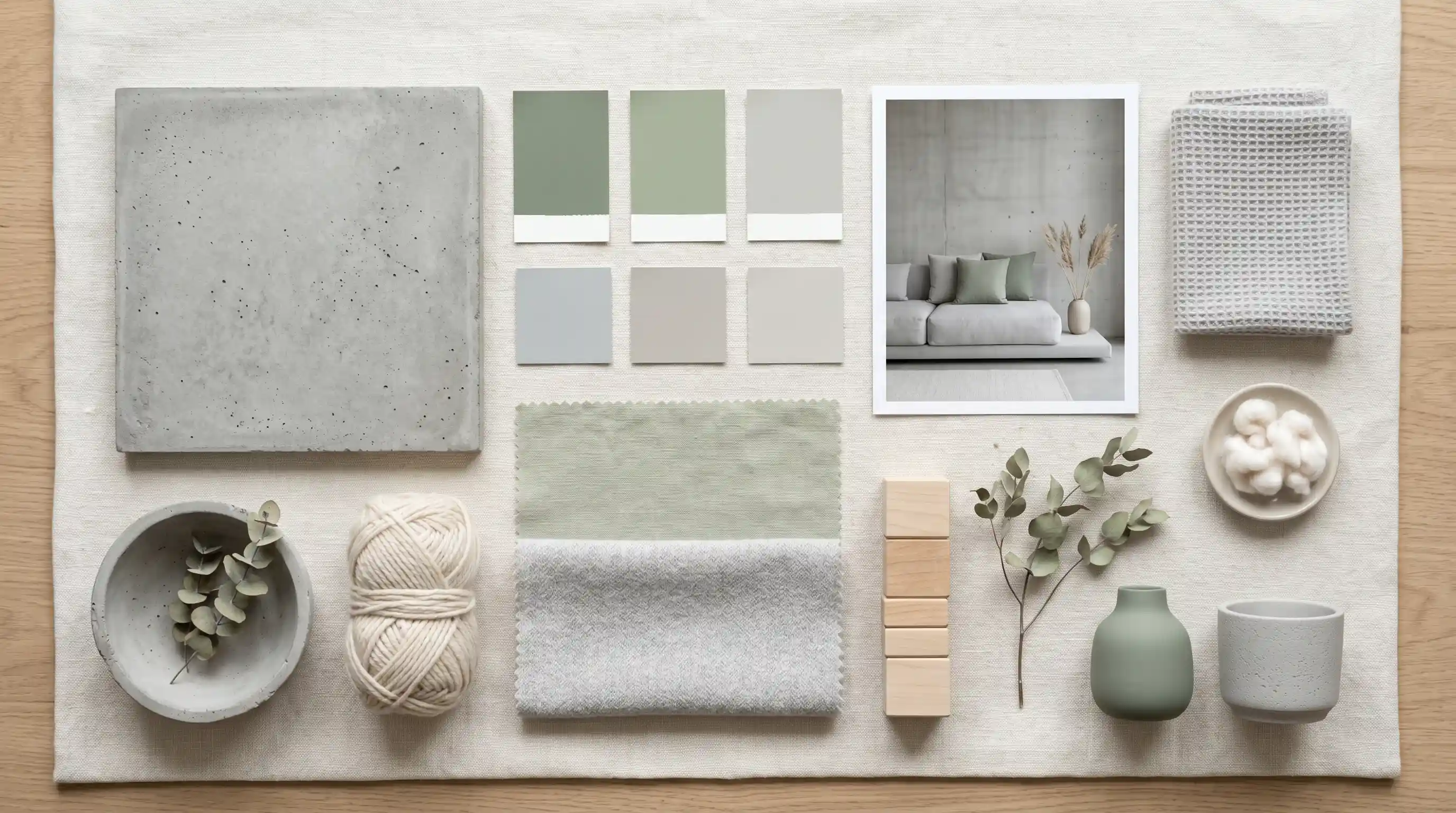 Interior design mood board showcasing a palette of sage green, soft gray, and natural wood textures with concrete and textile samples