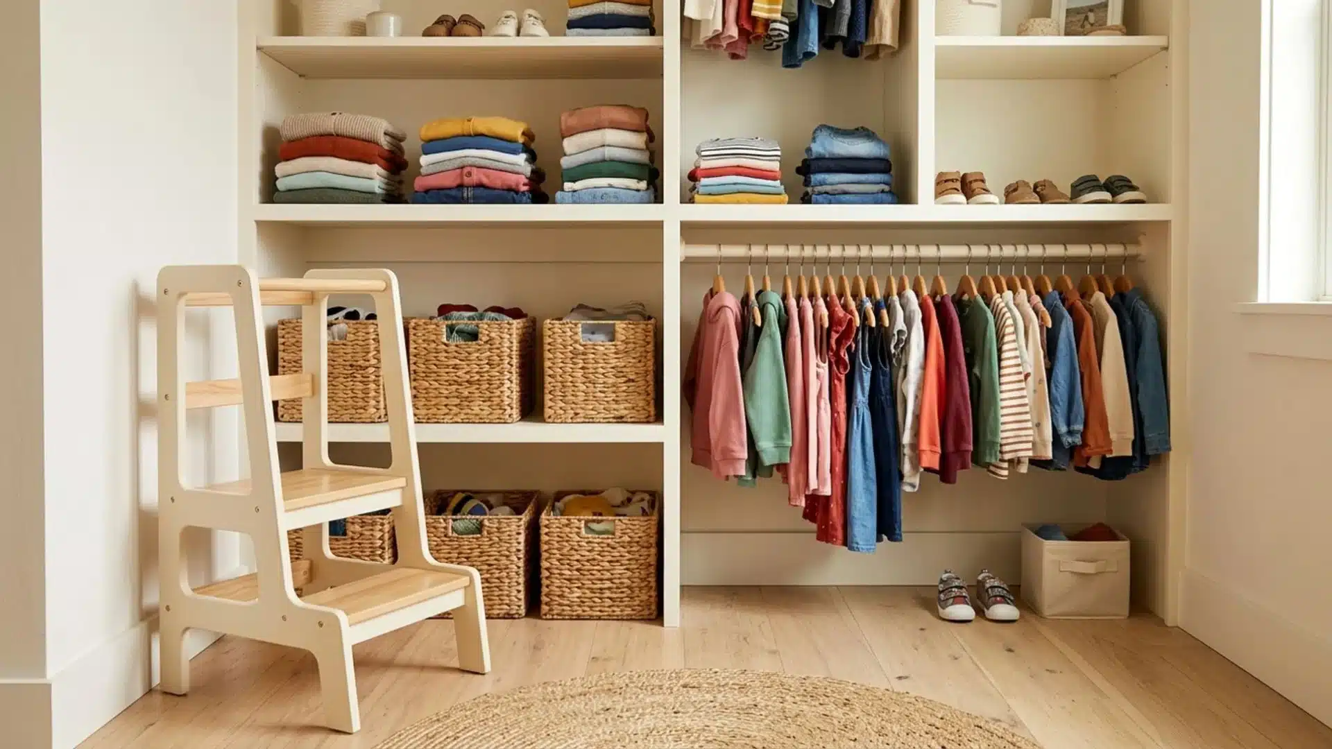 kids closet with a wooden step stool, folded clothes on shelves, wicker baskets and colorful outfits on a hanging rod