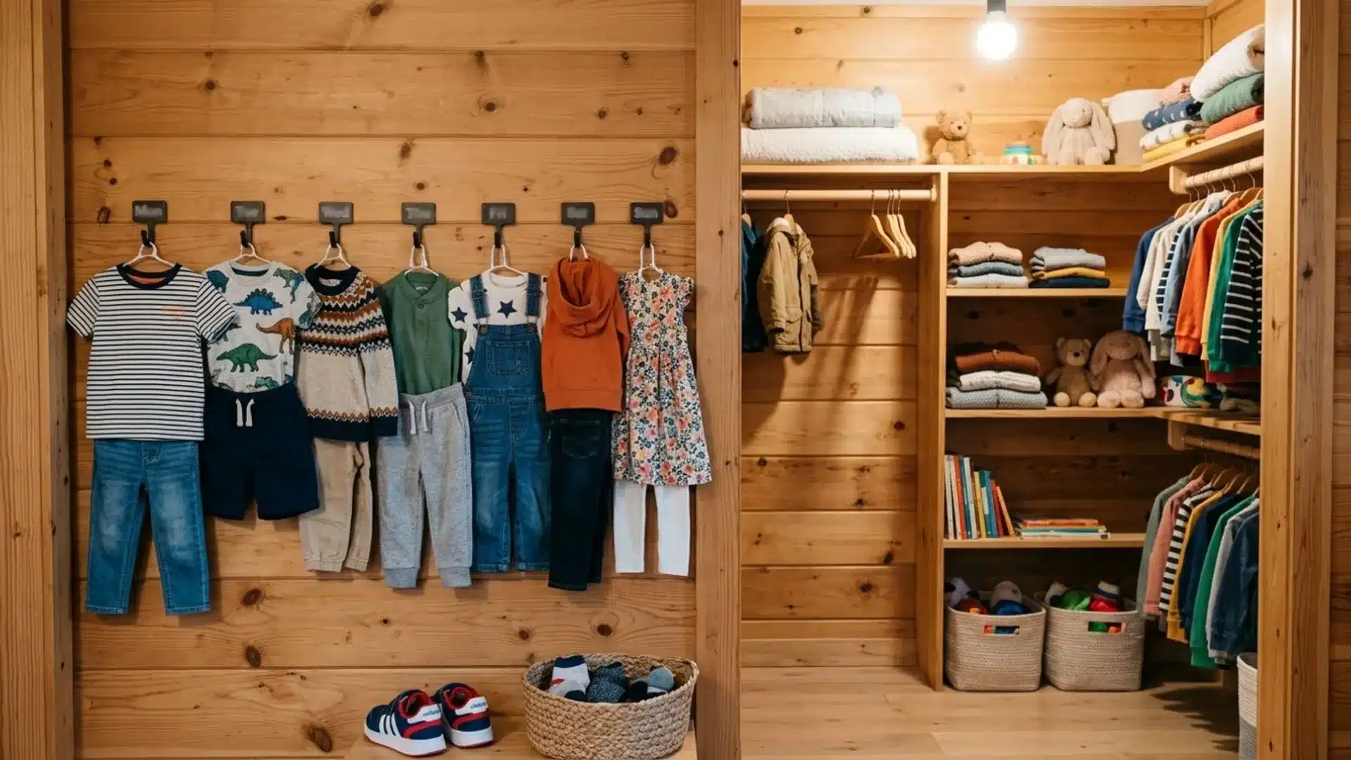 kids closet wall with seven hooks holding daily outfits on hangers, shoes and a basket placed neatly below