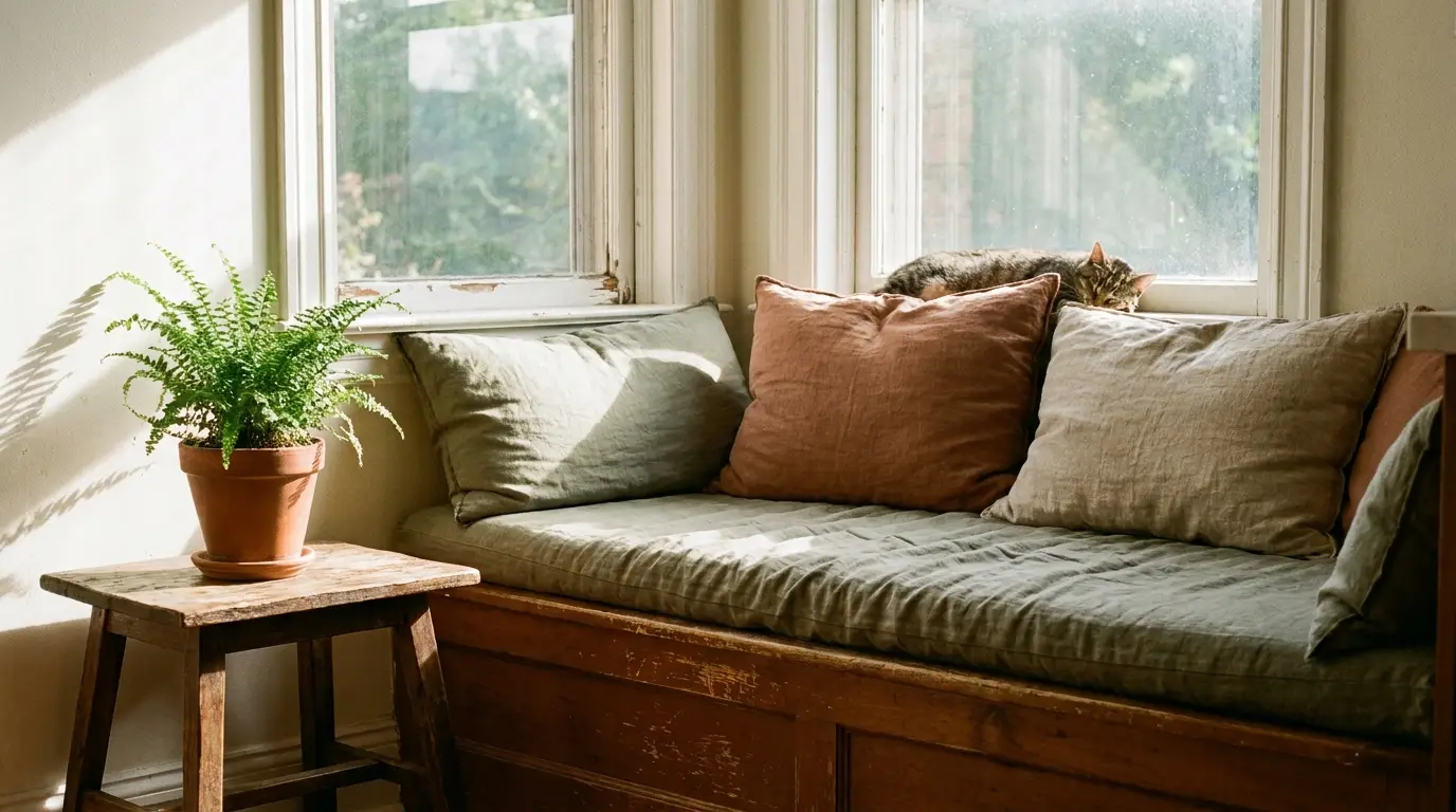 Cozy window nook with green and terracotta cushions, cat napping, and potted fern on wooden stool