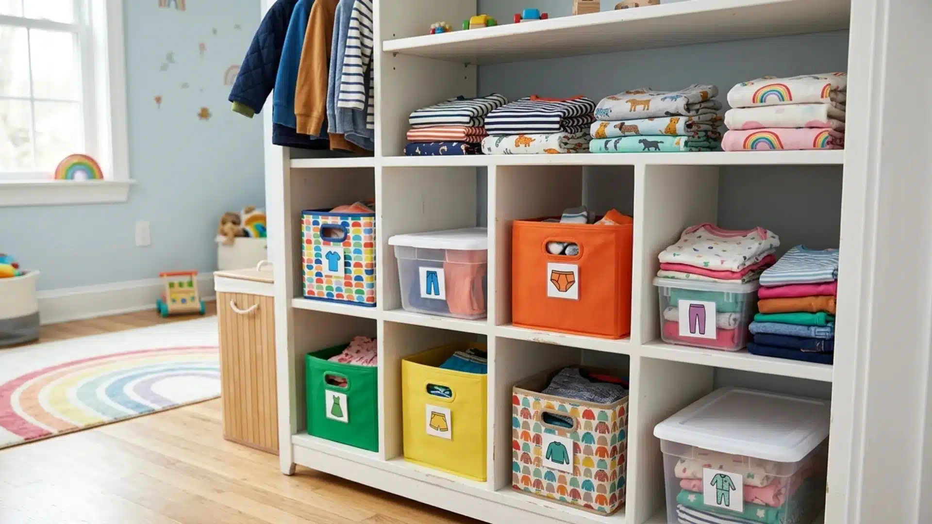 white cubby shelf unit in a kids room with colorful picture labeled bins and neatly folded clothes inside