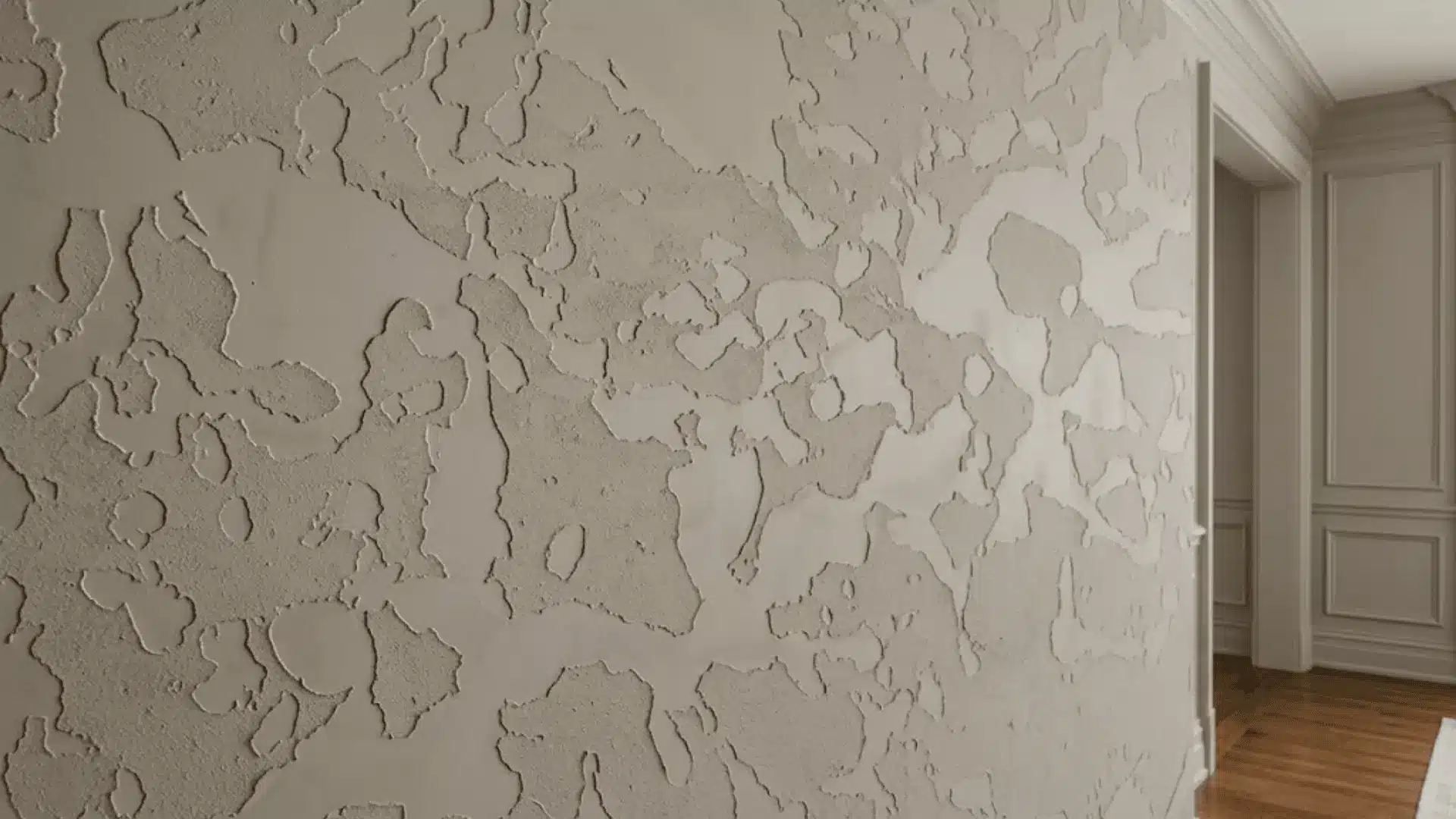 lace wall texture with layered overlapping compound patches and recessed base in a warm formal interior