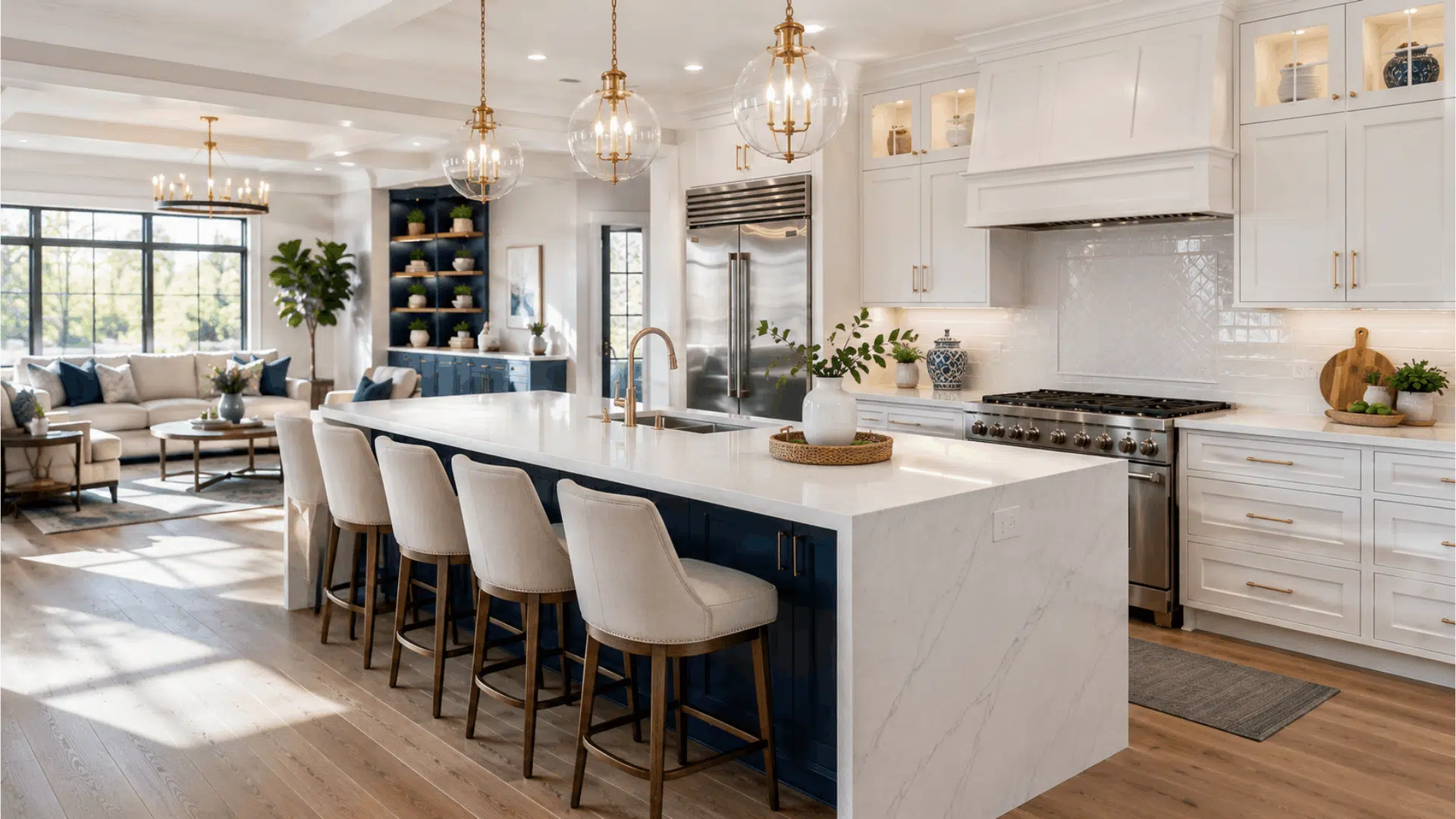 large blue kitchen island with waterfall countertop white cabinetry and open concept living space