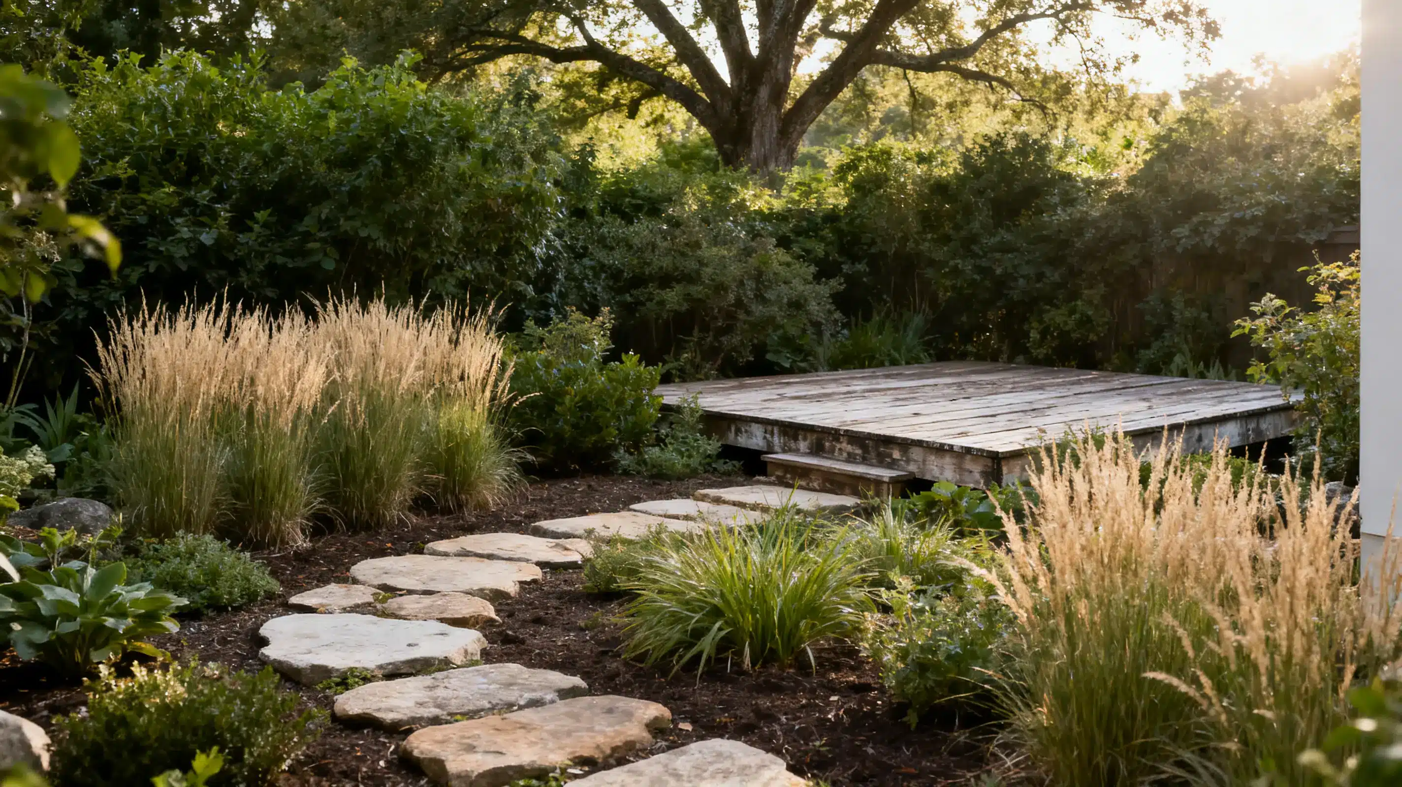 Stone path leading to wooden deck surrounded by tall grasses and lush greenery in sunlight
