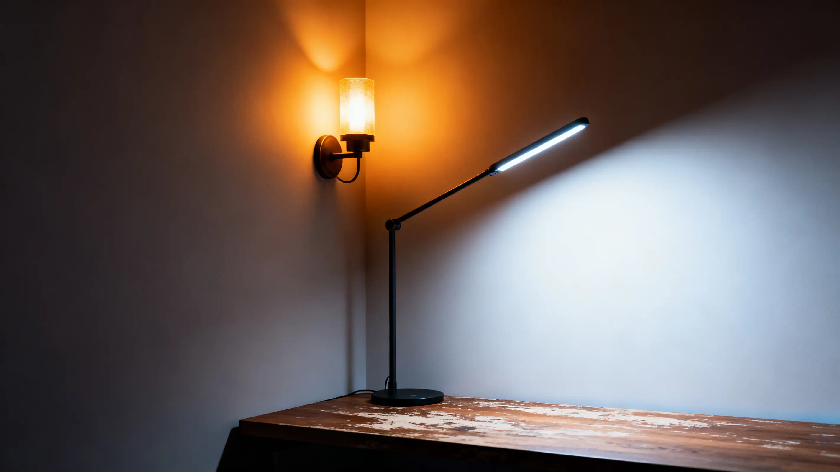 Wall-mounted sconce and modern desk lamp casting warm and cool light on wooden table